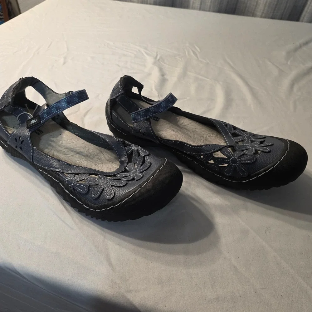 JBU by Jambu Comfort Shoes Womens Navy Mary Jane Flats Floral Cutout Memory Foam